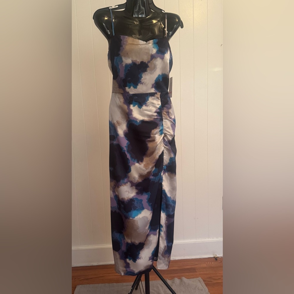Taylor Abstract Satin Maxi Skirt in Blue, Navy and Cream
